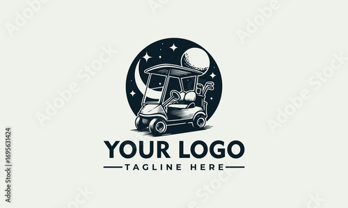 A stylized illustration of a golf cart parked in front of a rising sun, ready for play.