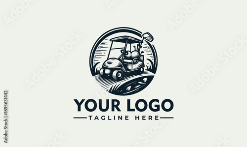 A stylized illustration of a golf cart parked in front of a rising sun, ready for play.