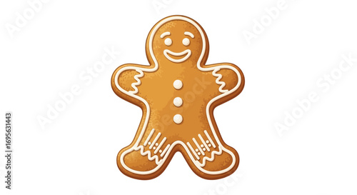 Smiling gingerbread man cookie, festive holiday treat, delicious baked good.