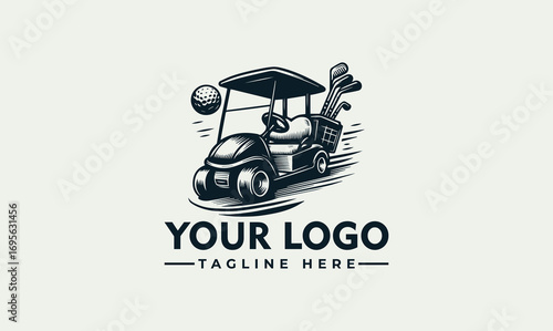 A detailed illustration of a golf cart with golf clubs, and a golf ball.
