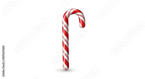 A vibrant red and white candy cane, curved and striped, isolated against a plain background.