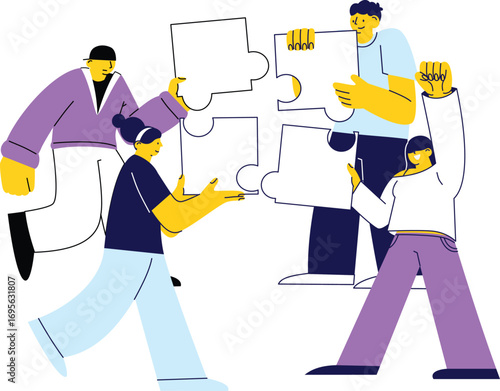 A vibrant flat illustration of characters collaborating to solve puzzles, symbolizing team problem solving.