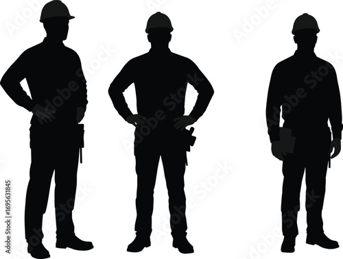 Silhouette of construction workers wearing hard hats, standing poses, professional builders, industrial labor, safety helmet, building industry teamwork illustration