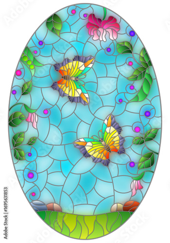 A stained glass illustration with leaves, pods, and green pea flowers and butterflies on a meadow and sky background