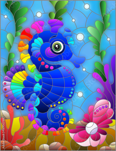 Illustration in the style of a stained glass window with a cute seahorses on a background of algae and water