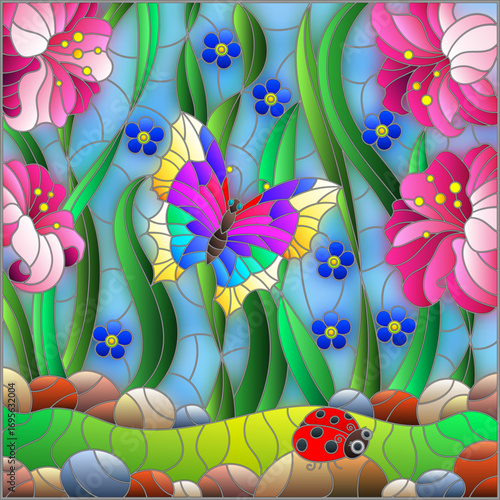 A stained glass illustration with bright lilies, ladybug and butterfly on a meadow and sky background