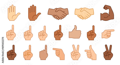 A collection of diverse hand gestures and symbols representing various actions and interactions, including greetings, pointing, and strength.