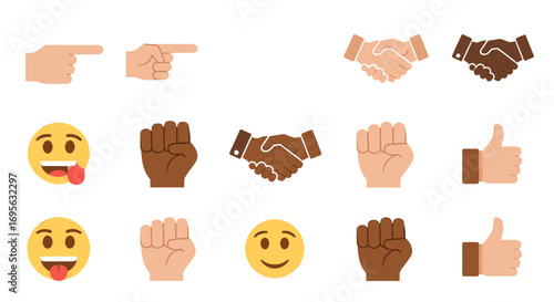 Collection of hand gestures and emojis, including pointing, shaking hands, fists, thumbs up, and smiling faces.
