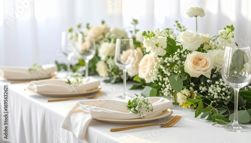 Elegant wedding reception table setting with soft floral arrangements and golden cutlery, ready for guests.