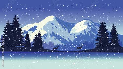 Snowy Pines by Lake with Majestic Mountain View