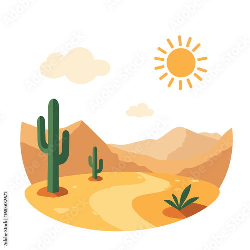 Desert landscape with cacti, mountains, sun, and clouds in flat style  