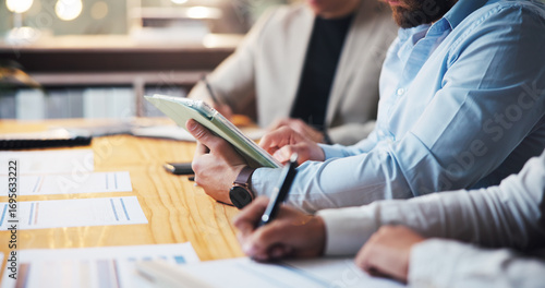 Photos Tablet, planning and meeting with hands of business people in office for team, finance report and invoice review