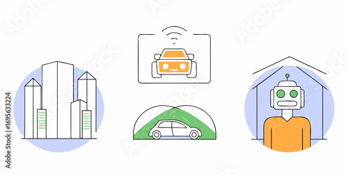 Simple line art icons depicting smart city technologies including automated parking, self-driving cars, and a home automation robot. Pastel color palette.