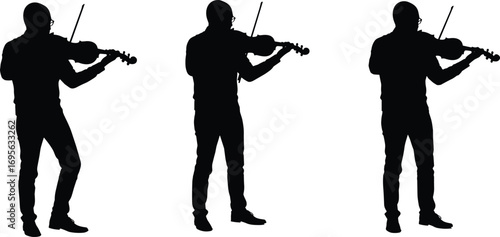 Silhouette of male violinist playing classical music, standing musician with violin and bow, artistic orchestra performance vector illustration, concert design