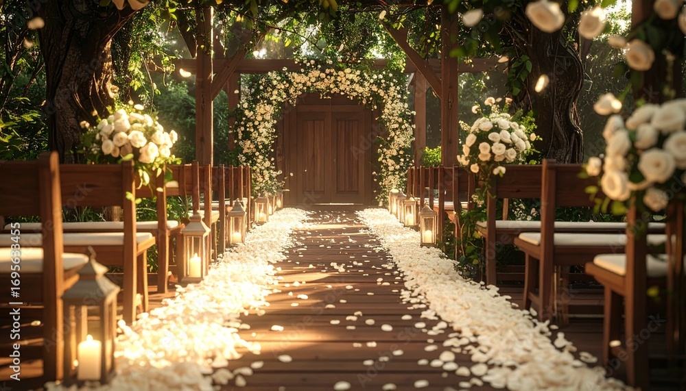 Fototapeta premium Enchanting outdoor wedding ceremony aisle lined with rose petals, lanterns, and floral decorations.
