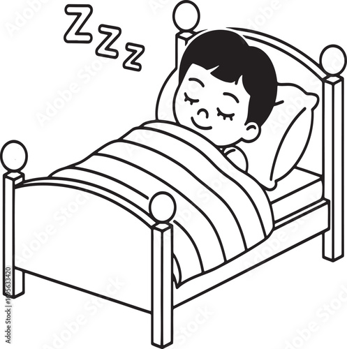 Cartoon Boy Sleeping Peacefully in Bed with Striped Blanket and Zzz Sleeping Symbols Above Him Representing Sound Sleep