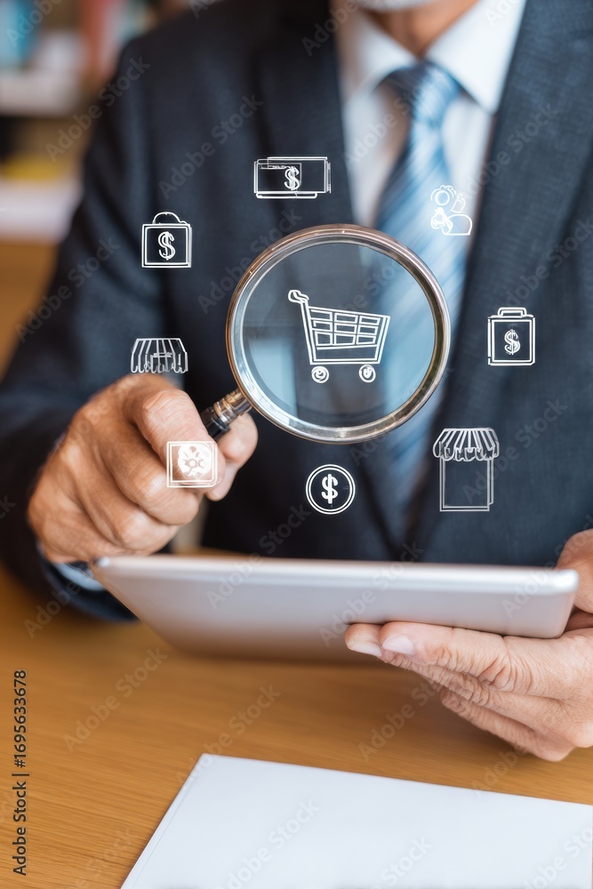 Naklejka premium Professional Businessman Using Digital Tablet with Magnifying Glass on E-commerce Icons Modern Connected Commerce Insights for Marketing and Advertising