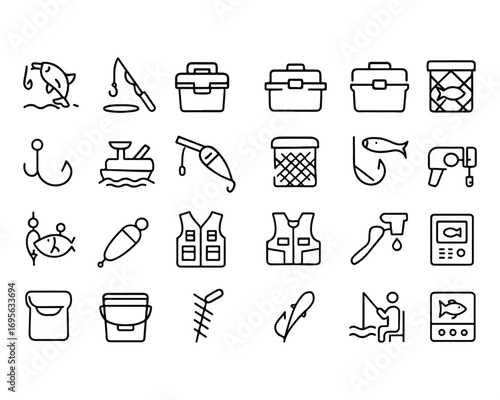 Set of outline icons related to fishing.Linear icon collection