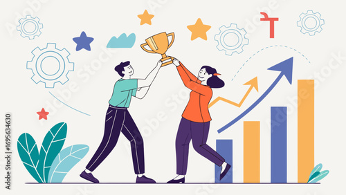 Illustration of two people celebrating success by lifting a trophy, with a growth chart in the background.  A vibrant and colorful image representing achievement and teamwork.