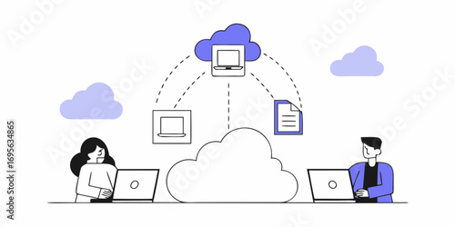 Illustration of two individuals using laptops, connected to a cloud data storage system.  Simple, clean design with light blue and purple accents.