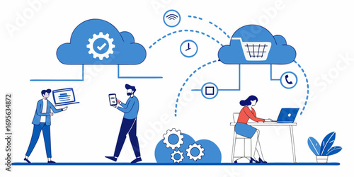Illustration depicting a cloud computing process workflow in a digital business environment. People collaborate using various applications and technologies.