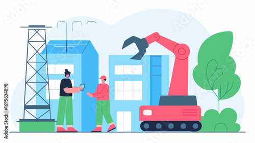 Illustration of two construction workers building a modern house using an excavator.  The scene is set against a light blue background with some greenery.