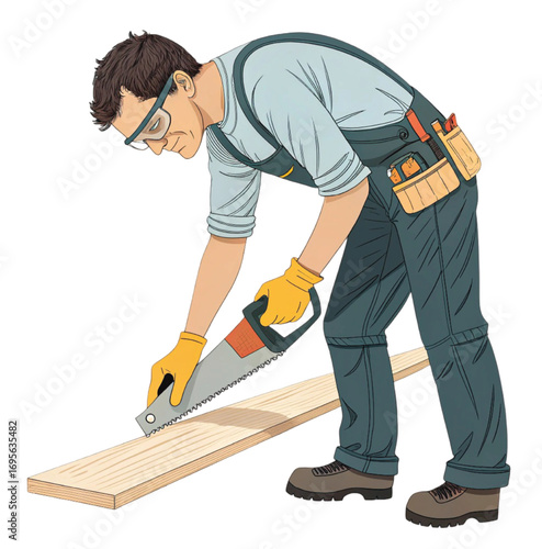 Carpenter sawing wood plank wearing safety glasses and gloves vector