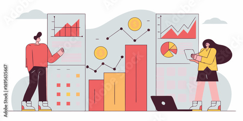 Two businesspeople collaborate using charts, graphs, and data visualization to plan strategies and analyze data. Pixel art style illustration.