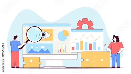 Two people collaborate, examining data charts and graphs displayed on a large computer screen. A magnifying glass emphasizes data analysis. Flat design illustration.