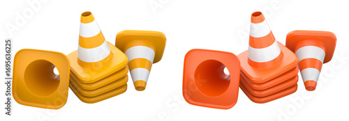 Traffic safety cones with white stripes, isolated on white background with clipping path. Concept of road safety equipment
