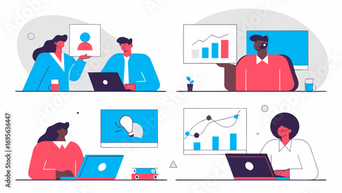 Pixel art illustration depicting a diverse team in various business meeting scenarios, using laptops and presenting data.  Clean, minimalist style.