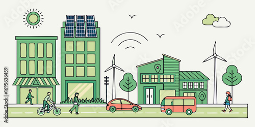 Illustration of an eco-friendly city with green buildings, solar panels, and alternative transportation.  People are walking and cycling, representing a sustainable lifestyle.