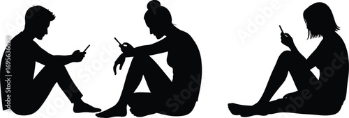 Silhouette of young people sitting with smartphones, mobile addiction concept, technology lifestyle, digital communication, social media, internet usage illustration