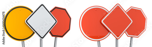 Blank traffic signs with different shapes and colors on metal poles on white background with clipping path, concept of road safety