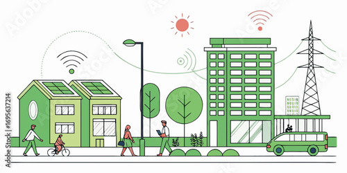 Illustration depicting a futuristic green city with solar-powered homes, electric vehicles, and wireless technology. People are seen walking and interacting in this eco-conscious urban environment.
