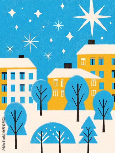 Snowy Village Night Scene: Blue and Yellow Buildings under Starry Sky