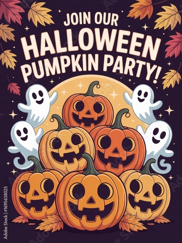 Halloween Pumpkin Party Invitation: Friendly Ghosts and Jack-o'-lanterns
