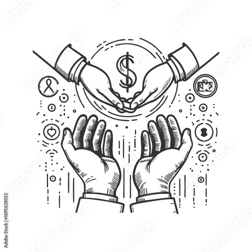 Hands exchanging money with symbols of support and care