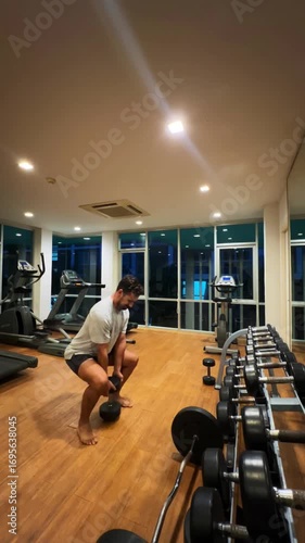 Real-life gym workout scene filmed in a small indoor fitness studio. The footage captures a person performing a strength or cardio exercise using basic gym equipment. Ideal for content related to home