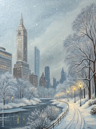 Snowy City Park Winter Scene at Dusk