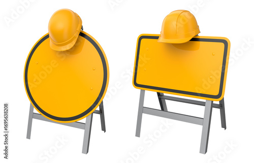 Blank traffic signs with different shapes and colors on metal poles on white background with clipping path, concept of road safety