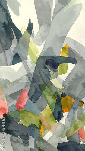 Abstract watercolor painting.  Layered shapes of muted colors,  gray, pink, yellow, green, and blue