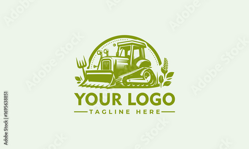 A stylized green bulldozer logo design with tracks, blade, and cabin, set against a semi-circular backdrop.
