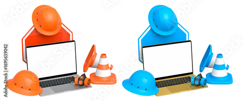 Laptops with blank screens surrounded by construction helmets, cones and warning signs on white background with clipping path