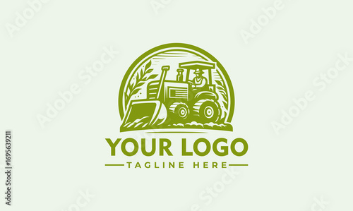 A stylized green bulldozer logo design with tracks, blade, and cabin, set against a semi-circular backdrop.