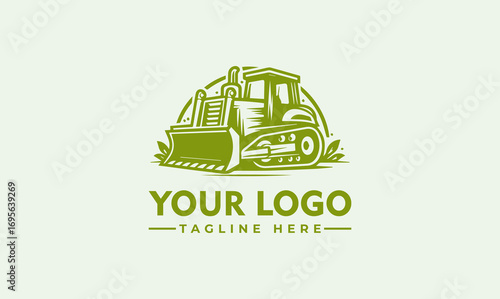 A stylized green bulldozer logo design with tracks, blade, and cabin, set against a semi-circular backdrop.