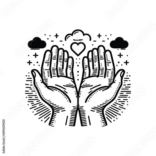 Hands Holding Heart with Clouds and Stars Surrounding