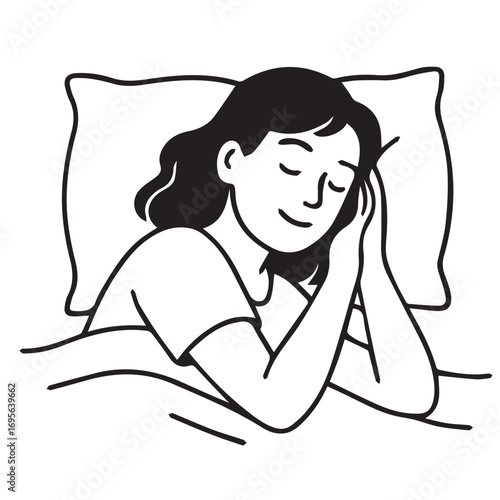 A minimalist vector showing a young woman asleep, created in monochrome black and white with strong bold black outline, suitable for creative projects.