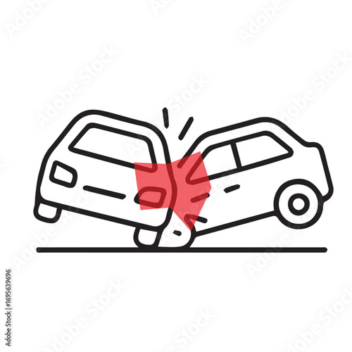 Vector illustration of two vehicles colliding as a traffic symbol, created in simple black and white with bold black outline, perfect for safety designs.