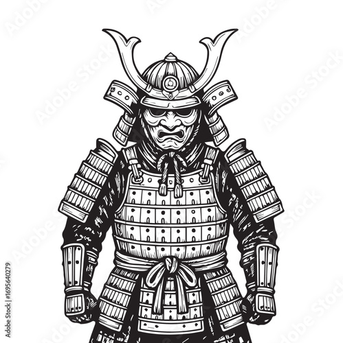 A minimalist vector showing Japanese samurai fighting attire, rendered in black and white with strong black outline, suitable for templates, prints, or historical graphics.